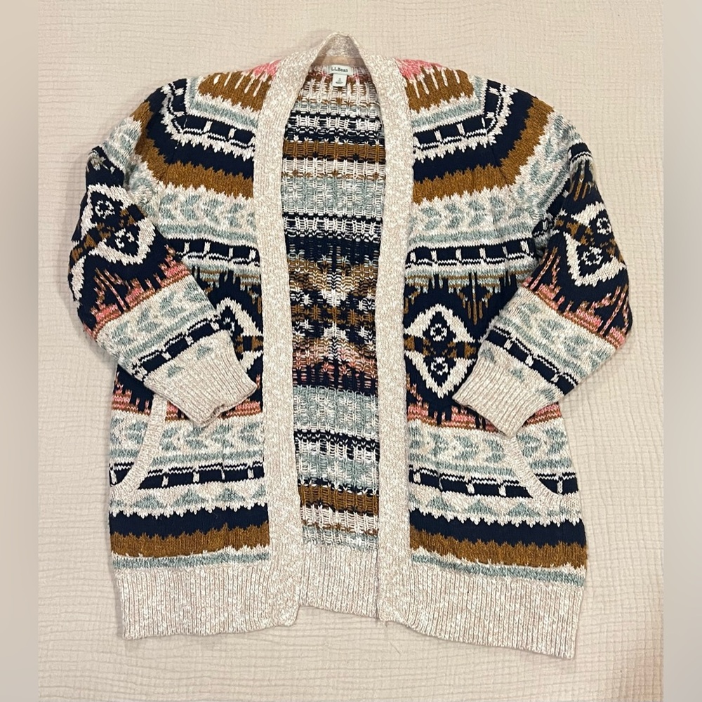 LL Bean Woman's Small Petite Cotton Ragg Sweater Open Cardigan Fair Isle 508193 - Picture 2 of 15